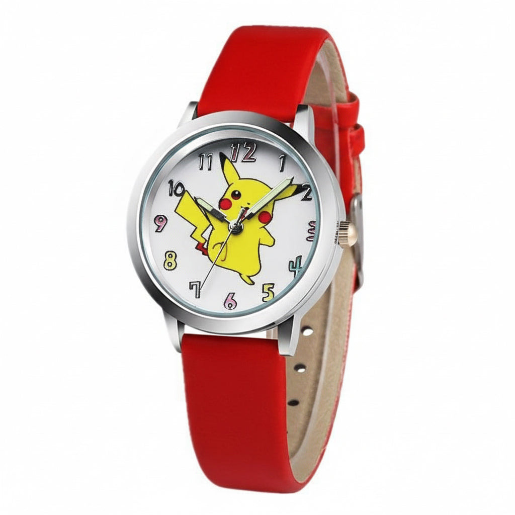 Children’s Pikachu Pokemon Leather Watch | Cartoon Pokémon Kids Clock Red