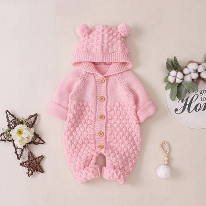 Baby Girls / Boys Hooded Knitted Jumpsuit (Age 6m-24m) Pink