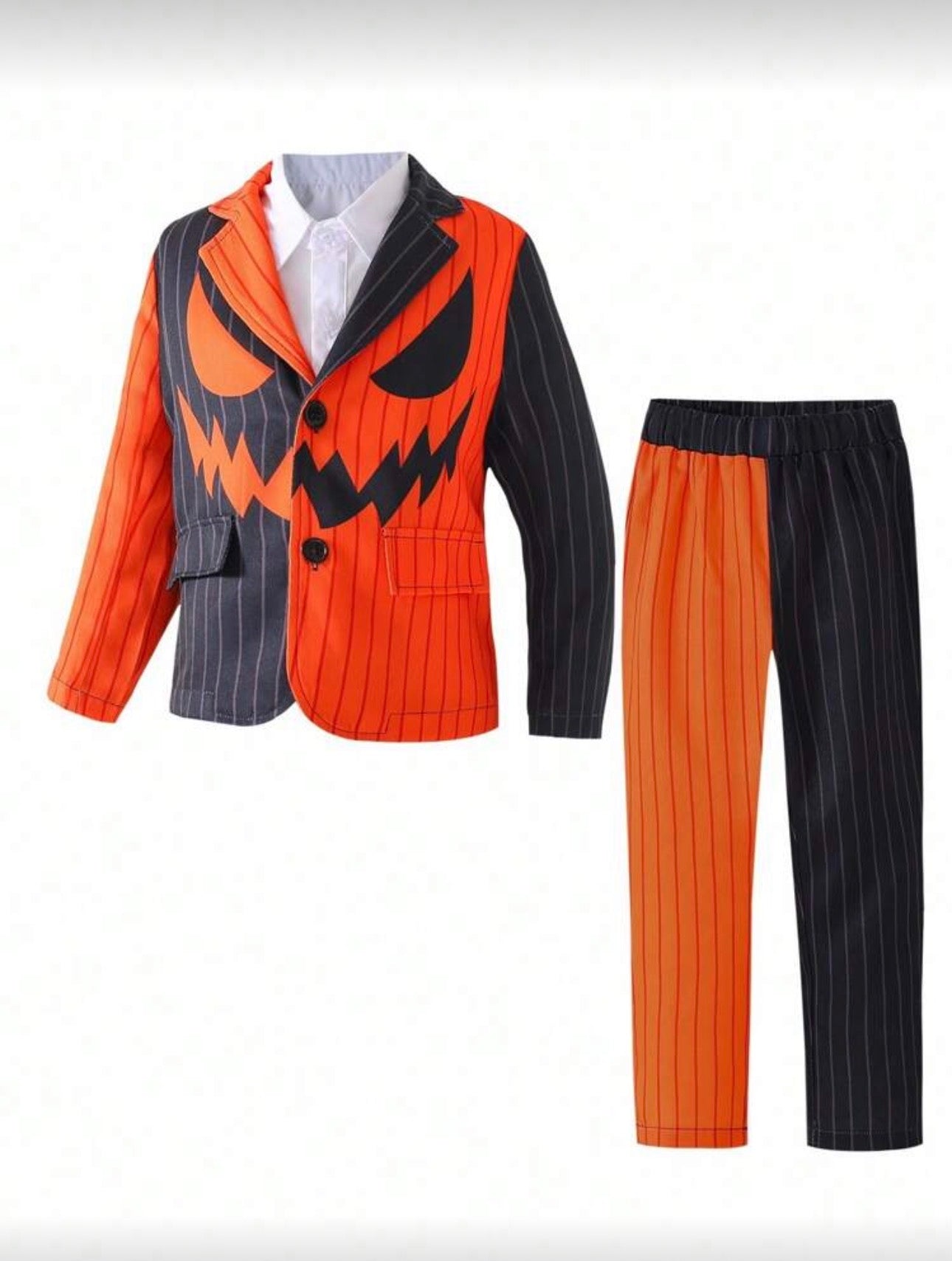 Kids Boys Jack-O Pinstripe Suitmeister Costume 3-Piece Suit | Pumpkin Print Jacket, Trousers & Tie (Age 2-7 YRS)