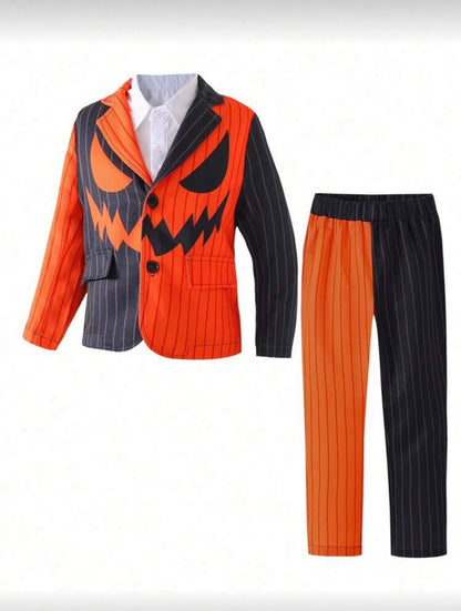 Kids Boys Jack-O Pinstripe Suitmeister Costume 3-Piece Suit | Pumpkin Print Jacket, Trousers & Tie (Age 2-7 YRS)