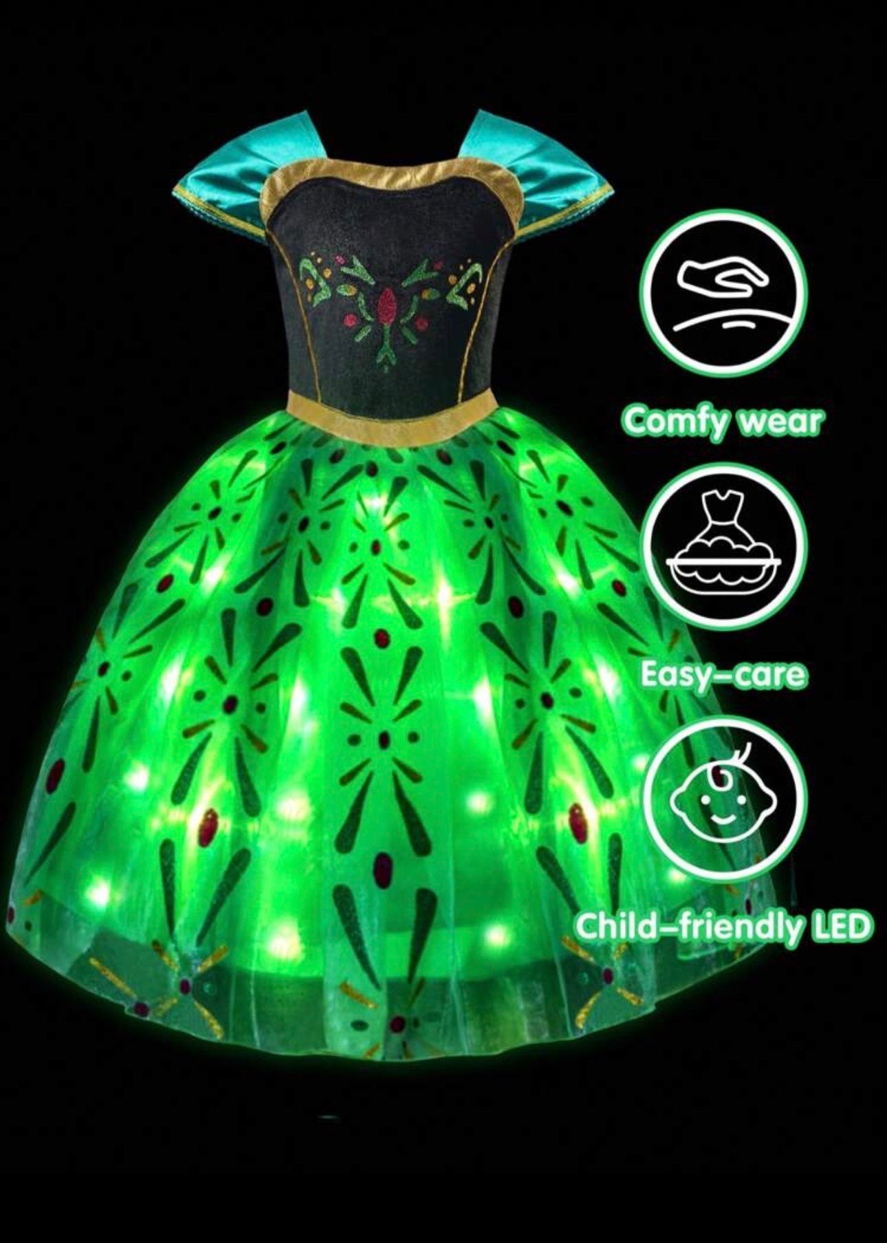 Girls Floral Print LED Princess Dress â€“ Light-Up Cosplay Outfit with Sleeves - Halloween Costume (Age 3-9 YRS)