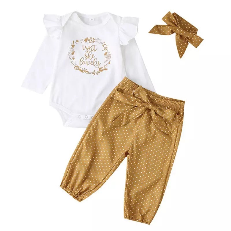 Baby Girls Yellow “Lovely” Bodysuit & Polka Dot Trousers Set (Age 3M-24M)