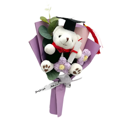 Handmade Flower Graduation Plush Teddy Bear Gift Bouquet Purple - 22cm