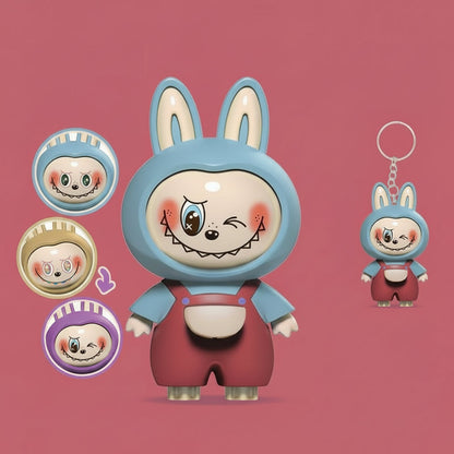 Labubu Face‑Changing 3D Bag Charm | Press‑to‑Change Expressions | Cute Keychain Toy Red