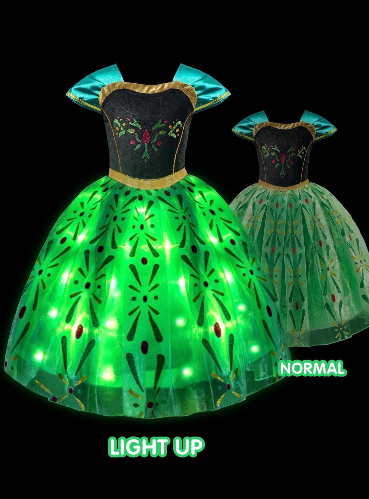 Girls Floral Print LED Princess Dress â€“ Light-Up Cosplay Outfit with Sleeves - Halloween Costume (Age 3-9 YRS)