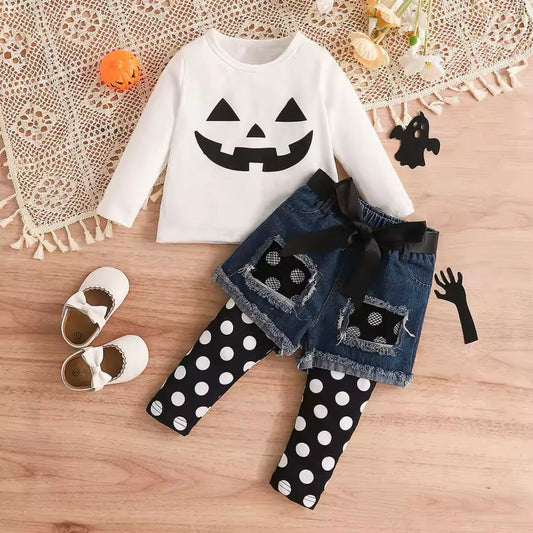 Girls Halloween Top & Denim Shorts Leggings Set (Age 12M-5YRS)