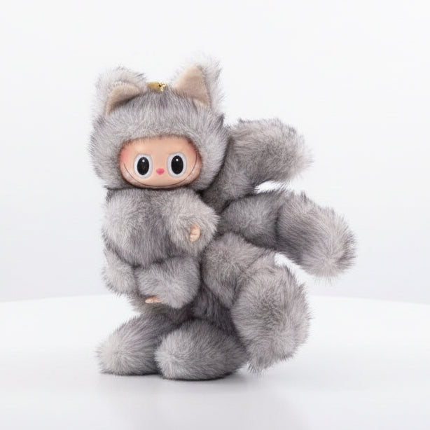 Rare Labubu Nine‑Tailed Fox Plush Doll | Mystical Soft Toy • Collector’s Plush Figure Grey