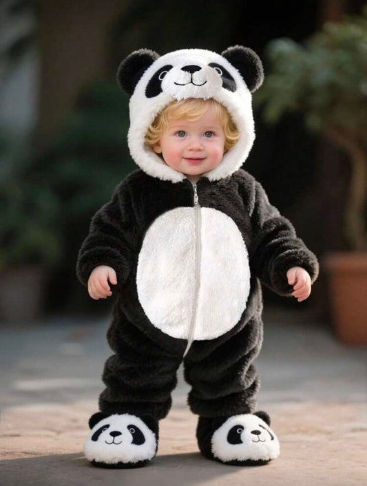 Baby Panda Halloween Costume Outfit Set â€“ Plush Long Sleeve Jumpsuit & 3D Embroidered Hat | Age Newborn - 9M Black