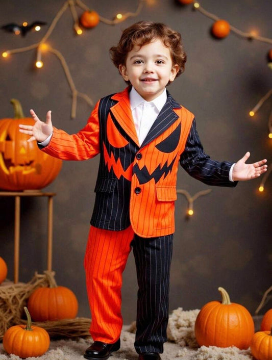 Kids Boys Jack-O Pinstripe Suitmeister Costume 3-Piece Suit | Pumpkin Print Jacket, Trousers & Tie (Age 2-7 YRS) Orange