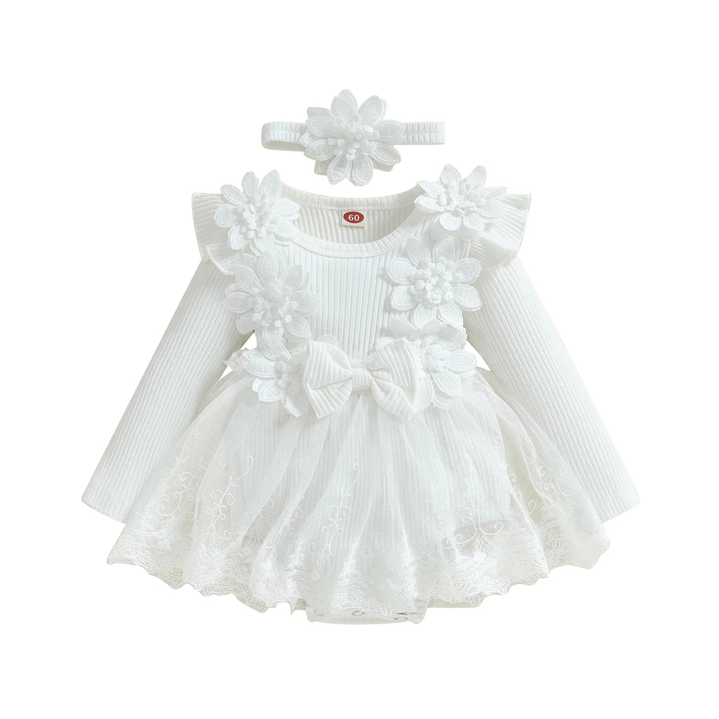 Baby Girls Romper Lace Ruffle Dress & Headband (Age 3-18M) White