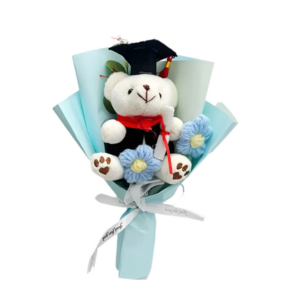 Handmade Flower Graduation Plush Teddy Bear Gift Bouquet Blue - 22cm
