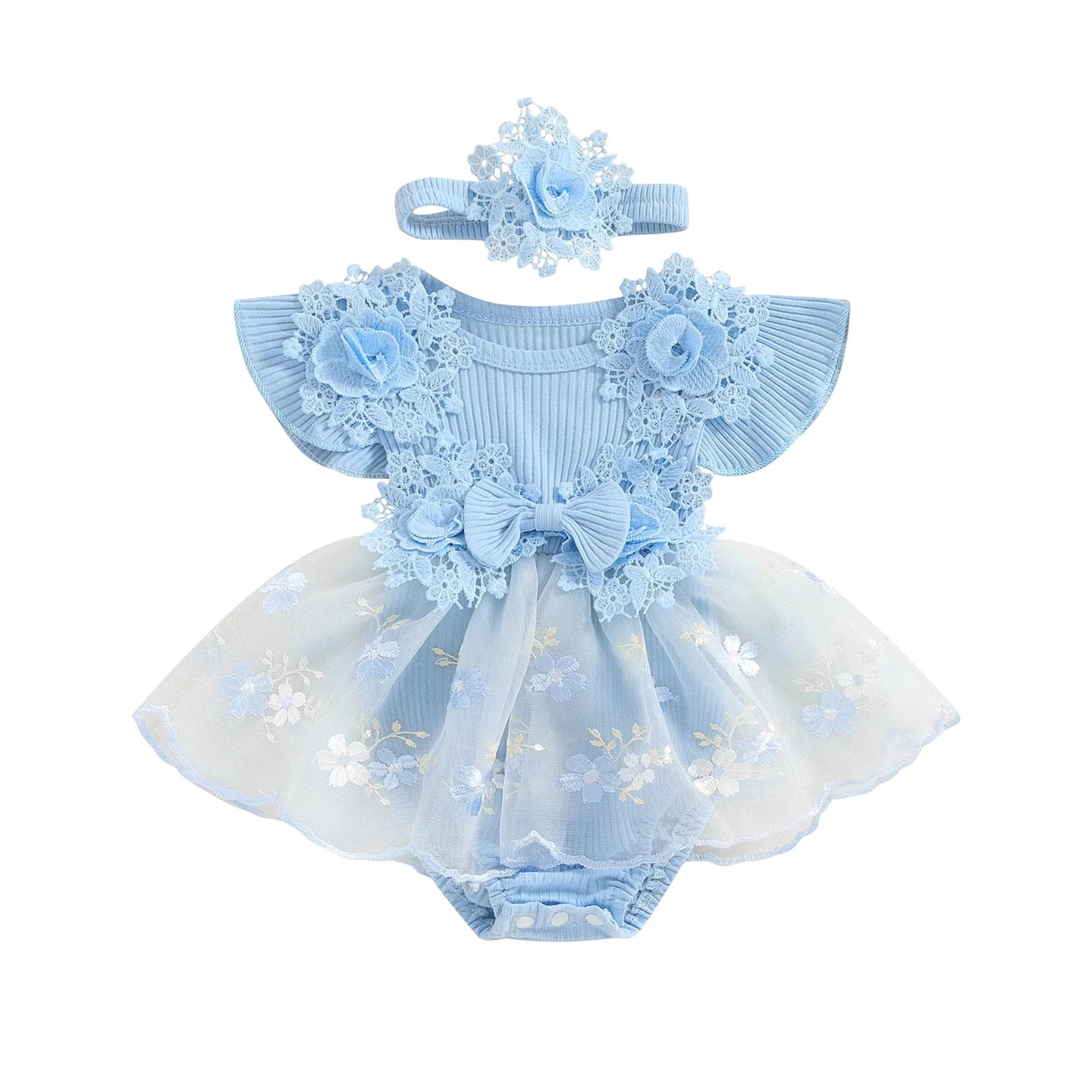 Baby Girls Romper Lace Ruffle Dress & Headband (Age 3-18M) Blue 2