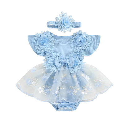 Baby Girls Romper Lace Ruffle Dress & Headband (Age 3-18M) Blue 2