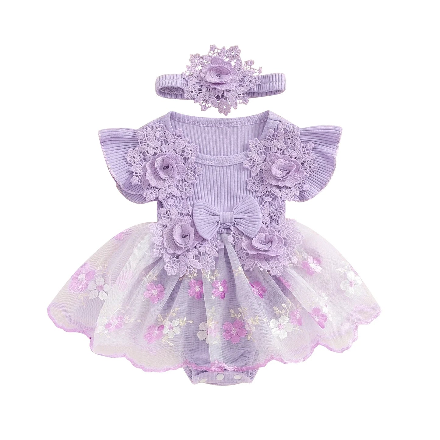 Baby Girls Romper Lace Ruffle Dress & Headband (Age 3-18M) Purple 1