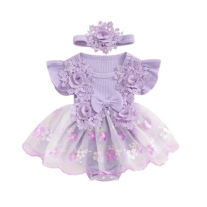 Baby Girls Romper Lace Ruffle Dress & Headband (Age 3-18M) Purple 1