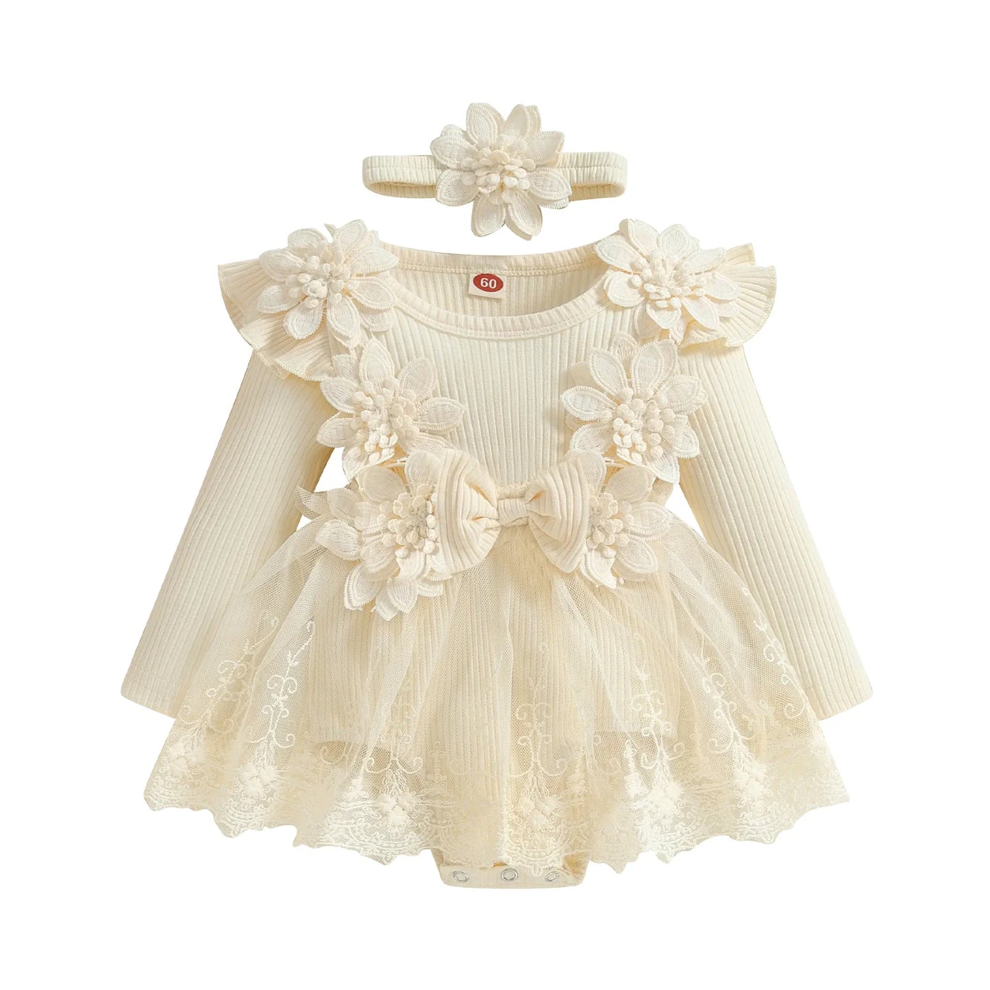 Baby Girls Romper Lace Ruffle Dress & Headband (Age 3-18M) Beige 1
