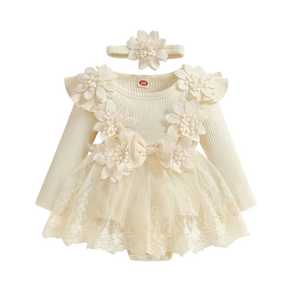 Baby Girls Romper Lace Ruffle Dress & Headband (Age 3-18M) Beige 1