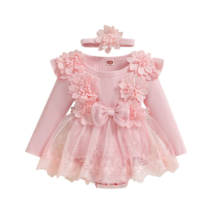 Baby Girls Romper Lace Ruffle Dress & Headband (Age 3-18M) Pink