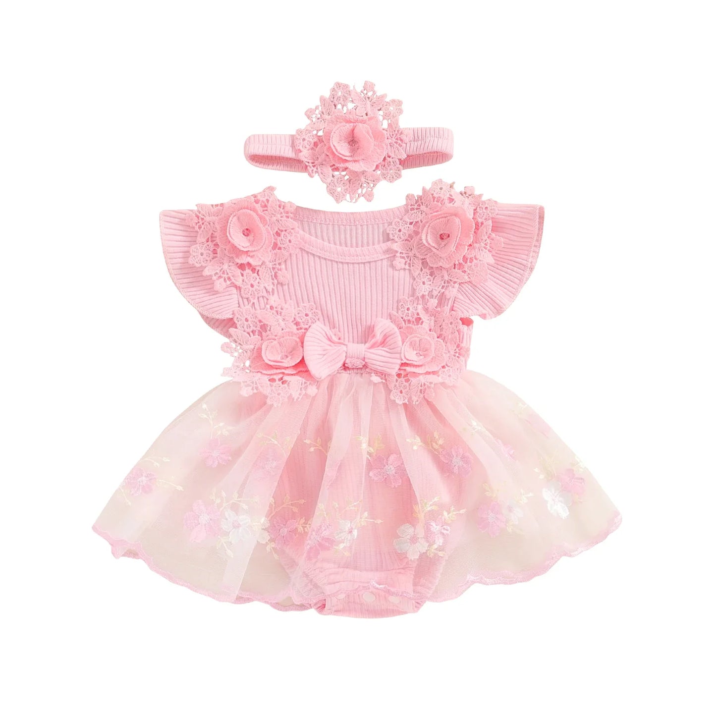 Baby Girls Romper Lace Ruffle Dress & Headband (Age 3-18M) Pink 2