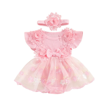 Baby Girls Romper Lace Ruffle Dress & Headband (Age 3-18M) Pink 2