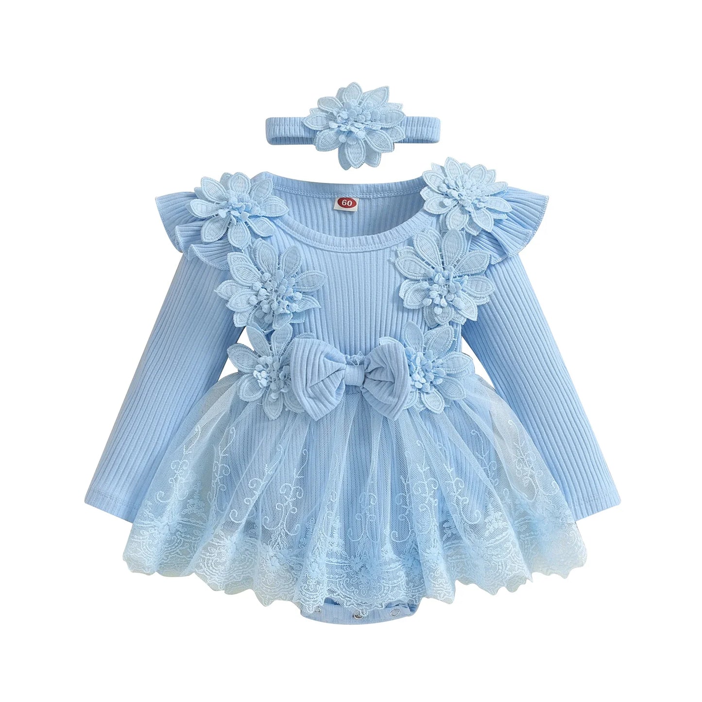 Baby Girls Romper Lace Ruffle Dress & Headband (Age 3-18M) Blue 1