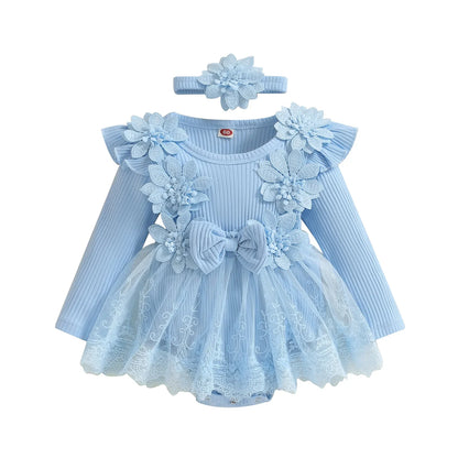 Baby Girls Romper Lace Ruffle Dress & Headband (Age 3-18M) Blue 1