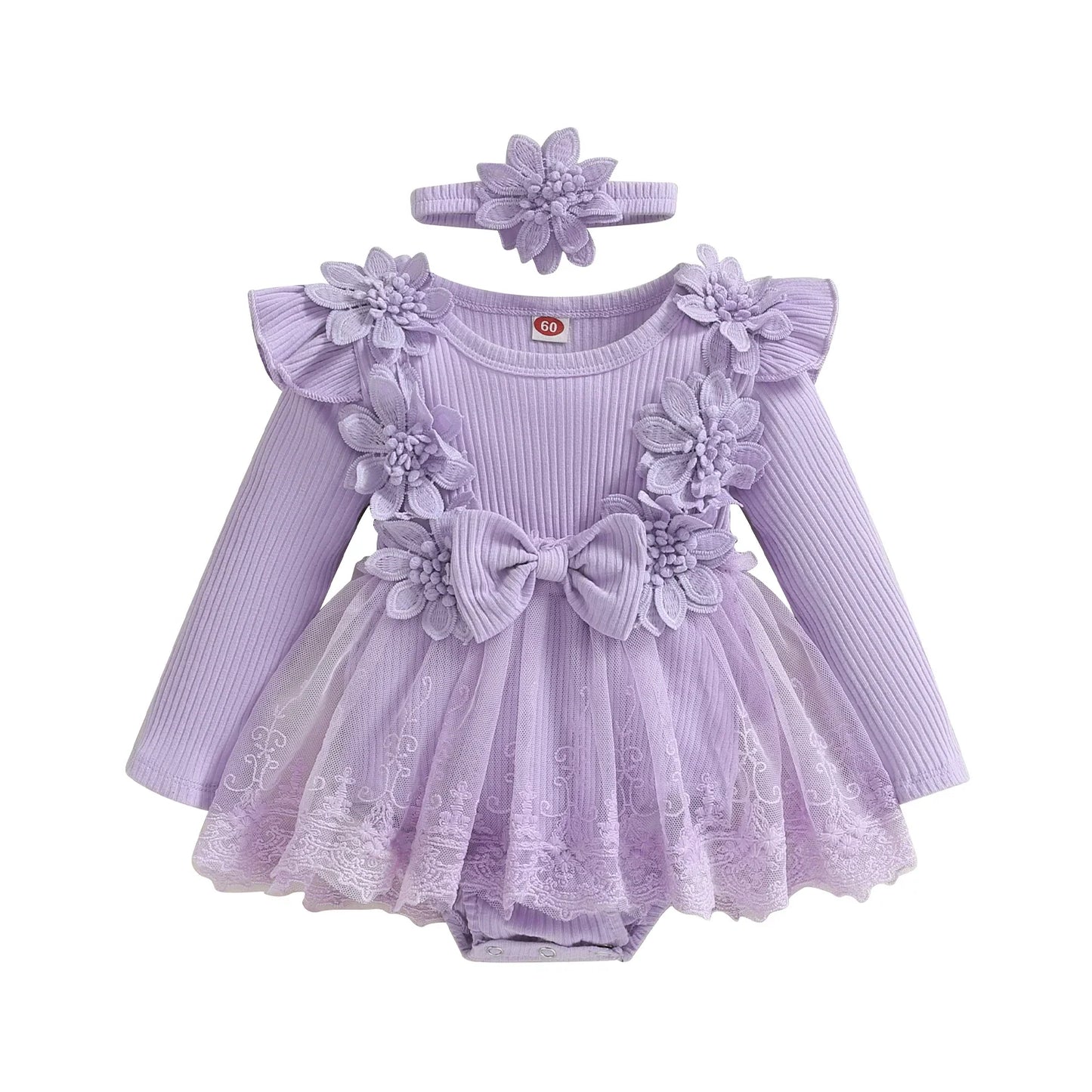 Baby Girls Romper Lace Ruffle Dress & Headband (Age 3-18M) Purple