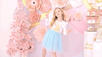 Girls Blue Unicorn Long Sleeve Tulle Dress (Age 3Y-8Y)
