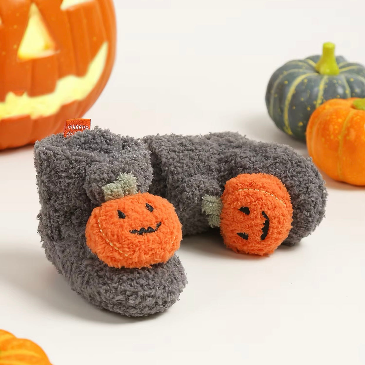 Baby Fleece Pumpkin Fluffy Halloween Booties (Age Newborn - 18M)