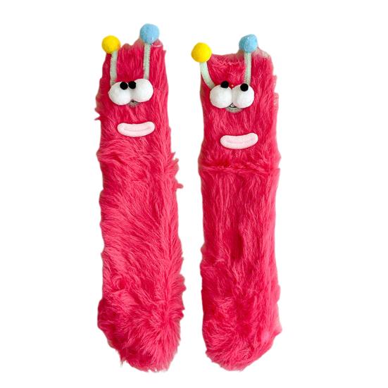 Funny Big-Eye Animal Cartoon Socks â€“ Thick Fuzzy Plush Red