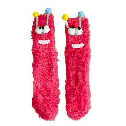 Funny Big-Eye Animal Cartoon Socks â€“ Thick Fuzzy Plush Red