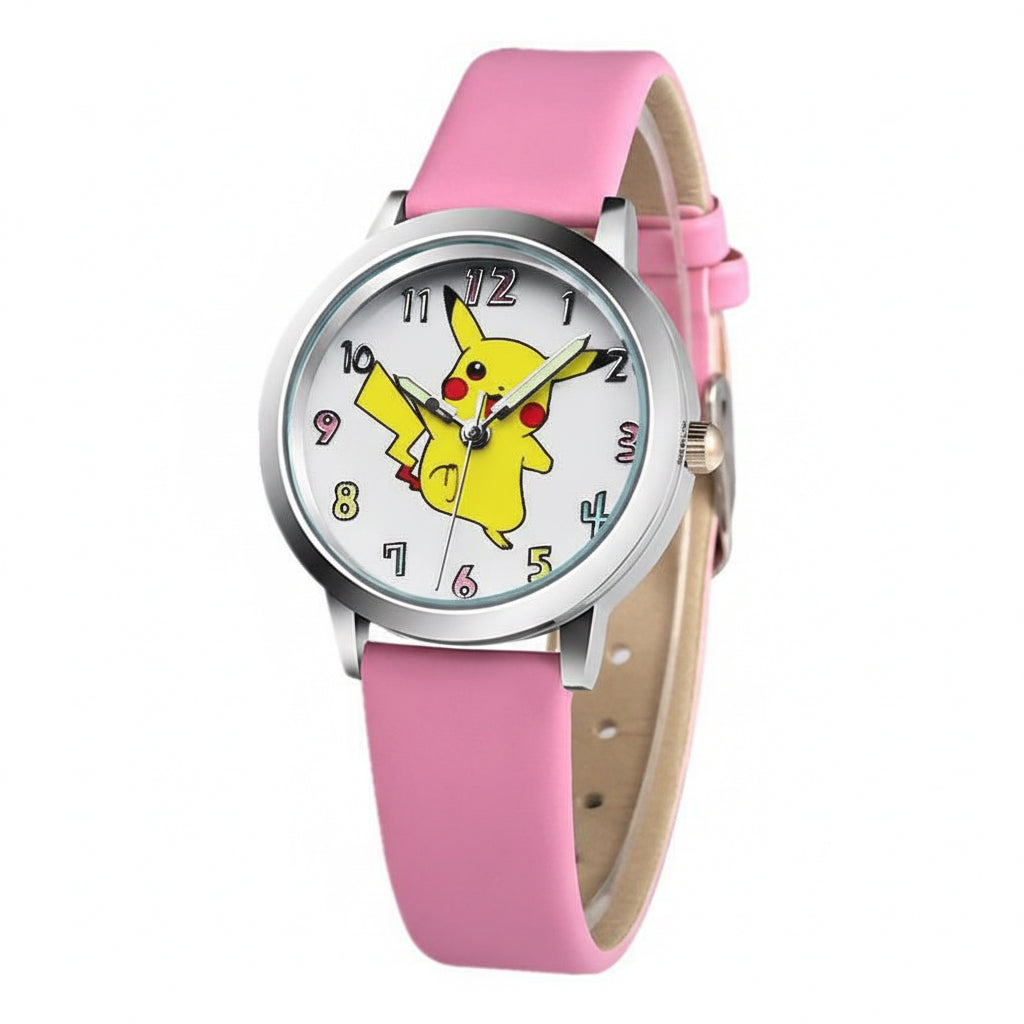 Children’s Pikachu Pokemon Leather Watch | Cartoon Pokémon Kids Clock Pink
