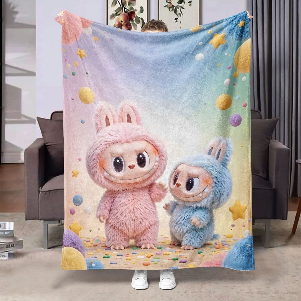 Labubu Flannel Blanket â€“ Cozy All-season Nap Throw | Soft Plushie Pairing Multicolor D