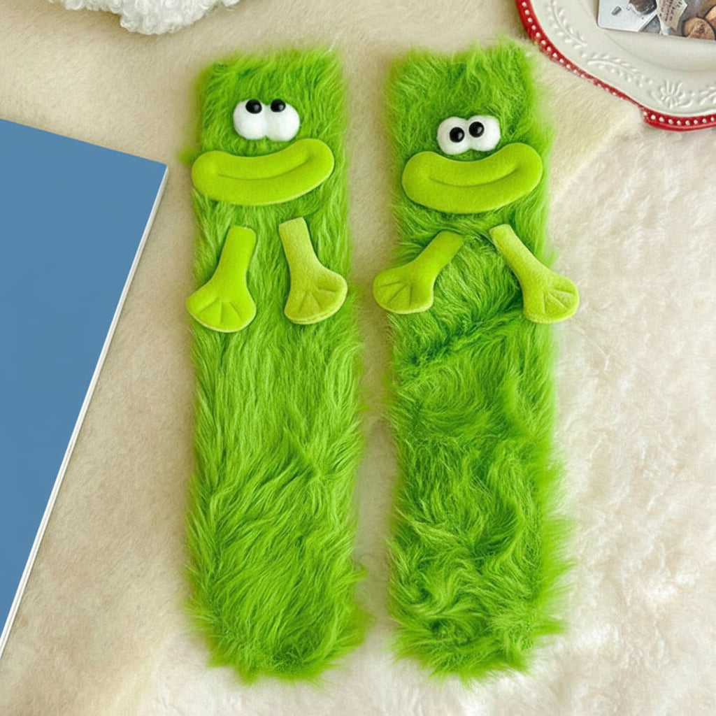 Mink Fleece Floor Socks – Funny Big-Eye Cartoon | Warm Plush Indoor Socks Green