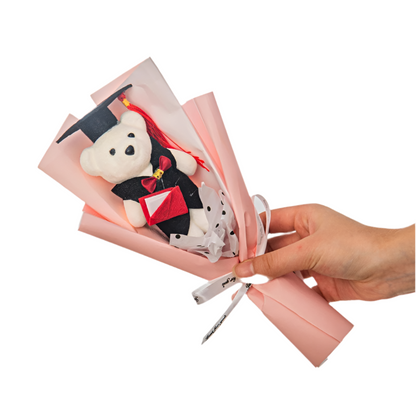 Handmade Flower Graduation Plush Teddy Bear Gift Bouquet Pink - 28cm