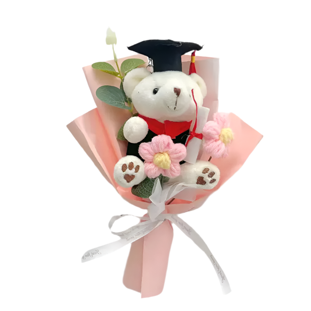 Handmade Flower Graduation Plush Teddy Bear Gift Bouquet Pink - 22cm