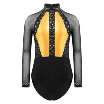 Girls Dance Performance Costume Long Sleeve Rhinestone Leotard (Age 6-16 YRS)