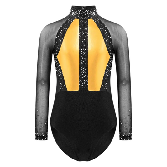 Girls Dance Performance Costume Long Sleeve Rhinestone Leotard (Age 6-16 YRS)