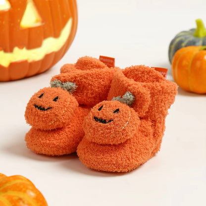 Baby Fleece Pumpkin Fluffy Halloween Booties (Age Newborn - 18M)