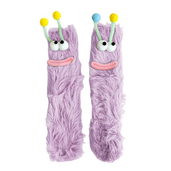 Funny Big-Eye Animal Cartoon Socks â€“ Thick Fuzzy Plush Purple