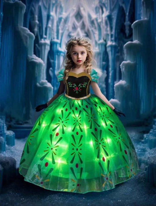 Girls Floral Print LED Princess Dress â€“ Light-Up Cosplay Outfit with Sleeves - Halloween Costume (Age 3-9 YRS) Green