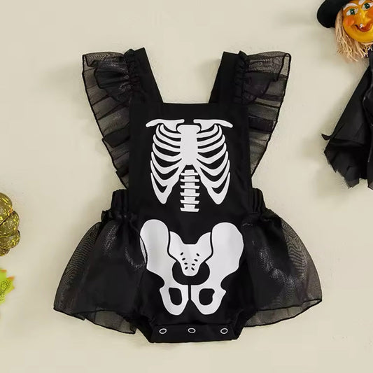 Baby Girl Skeleton Print Halloween Romper (Age 3M-18M