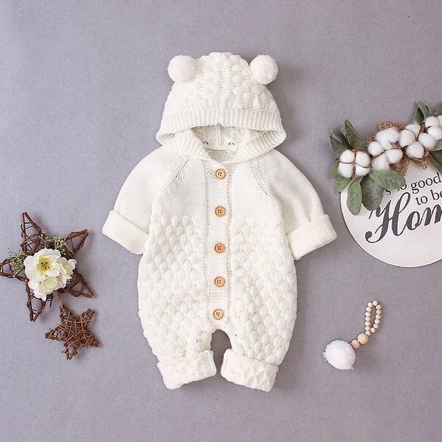 Baby Girls / Boys Hooded Knitted Jumpsuit (Age 6m-24m) White