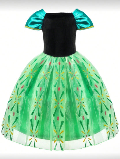 Girls Floral Print LED Princess Dress â€“ Light-Up Cosplay Outfit with Sleeves - Halloween Costume (Age 3-9 YRS)