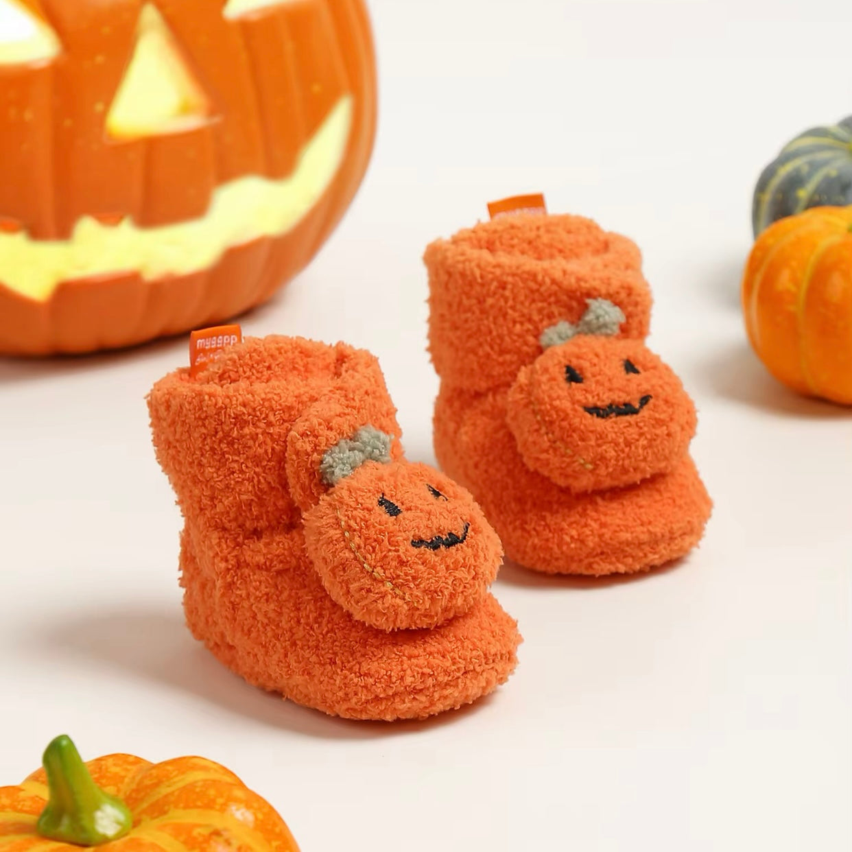 Baby Fleece Pumpkin Fluffy Halloween Booties (Age Newborn - 18M)