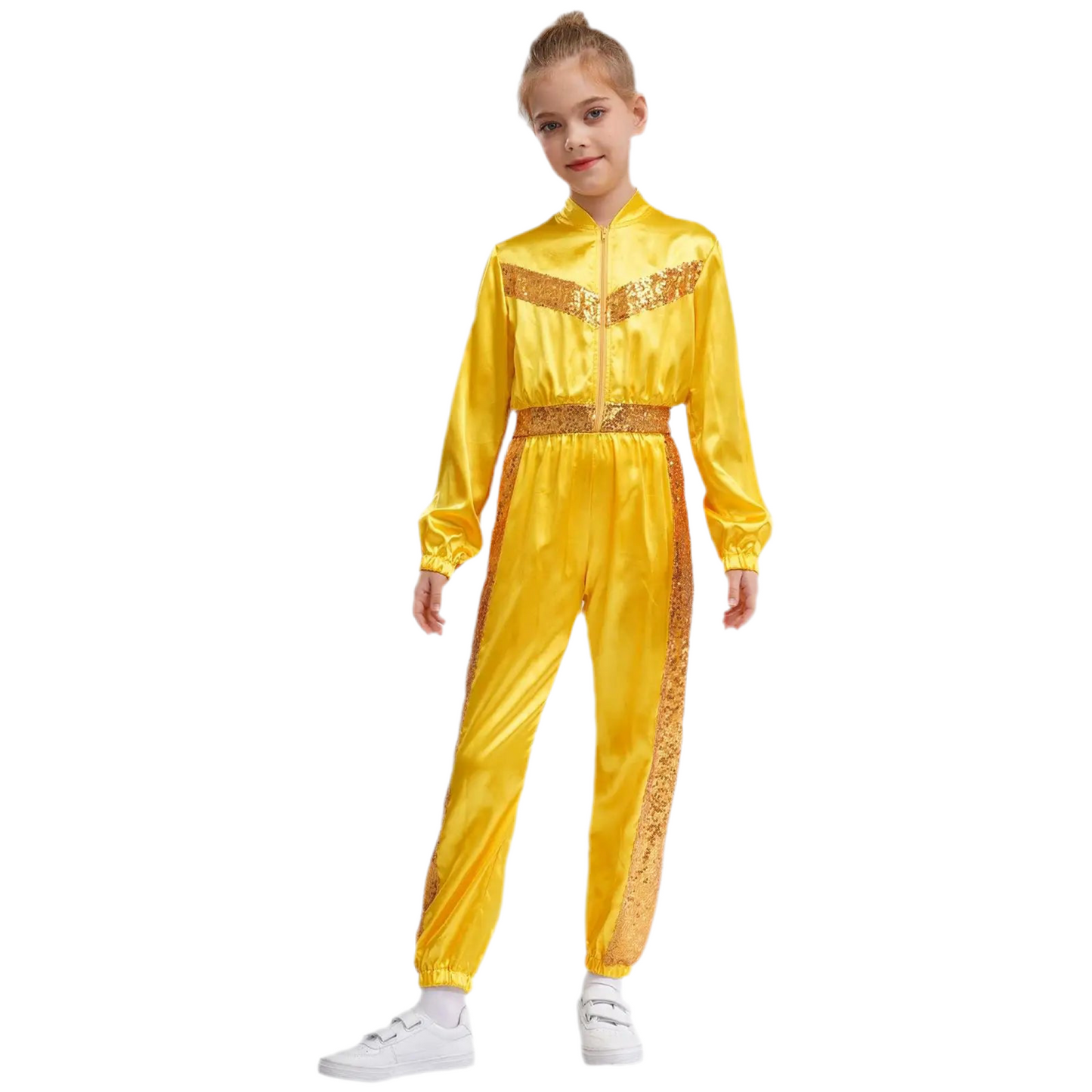 Girls Sequin Satin m Long Sleeve Zipper Jumpsuit (Age 6-16 YRS)