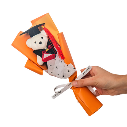 Handmade Flower Graduation Plush Teddy Bear Gift Bouquet Orange - 28cm