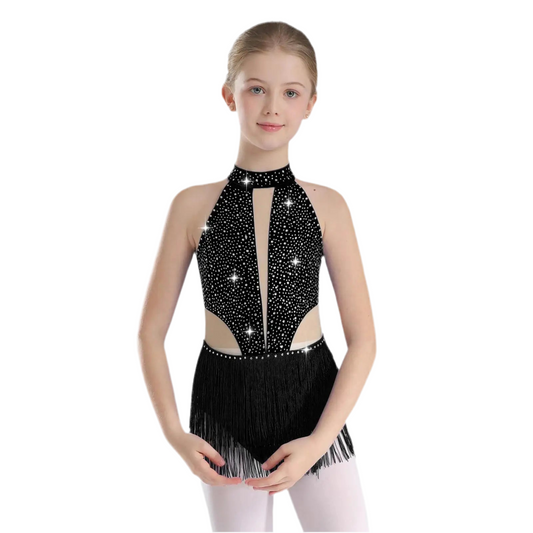 Girls Dance Costume Sleeveless Rhinestone Tassel Leotard (Age 6-16 YRS)