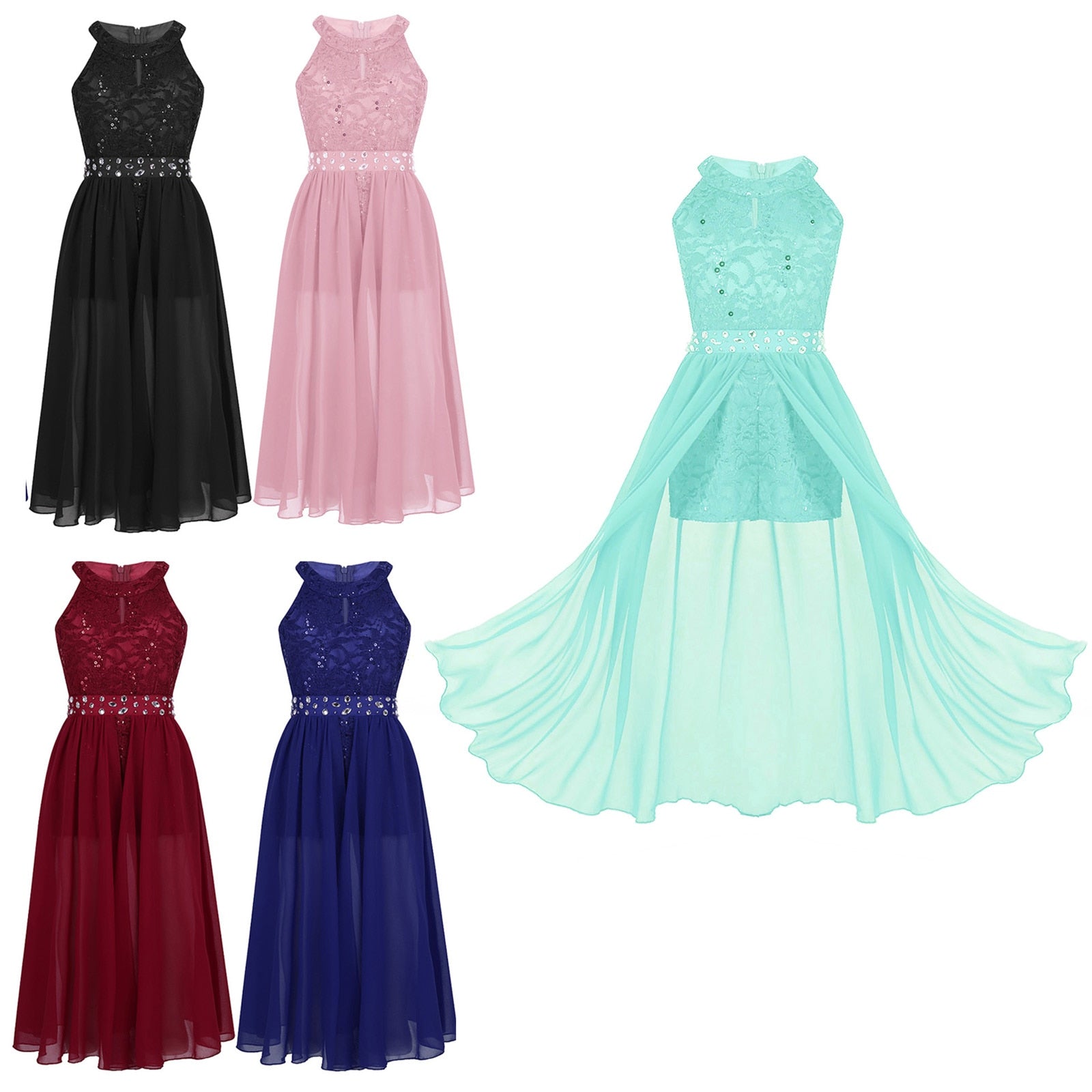 Girls Floaty Dipped Hem Rhinestone Embellished Dress (Age 4-16 YRS)