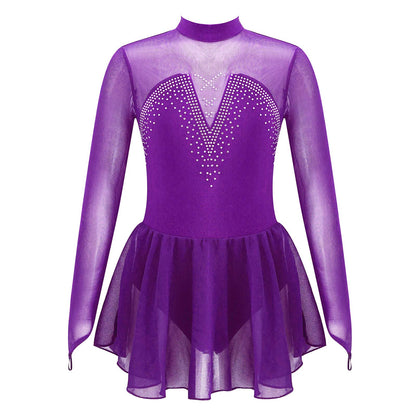 Girls Long Mesh Sleeve Rhinestone Embellished Leotard (Age 6-14YRS) Purple